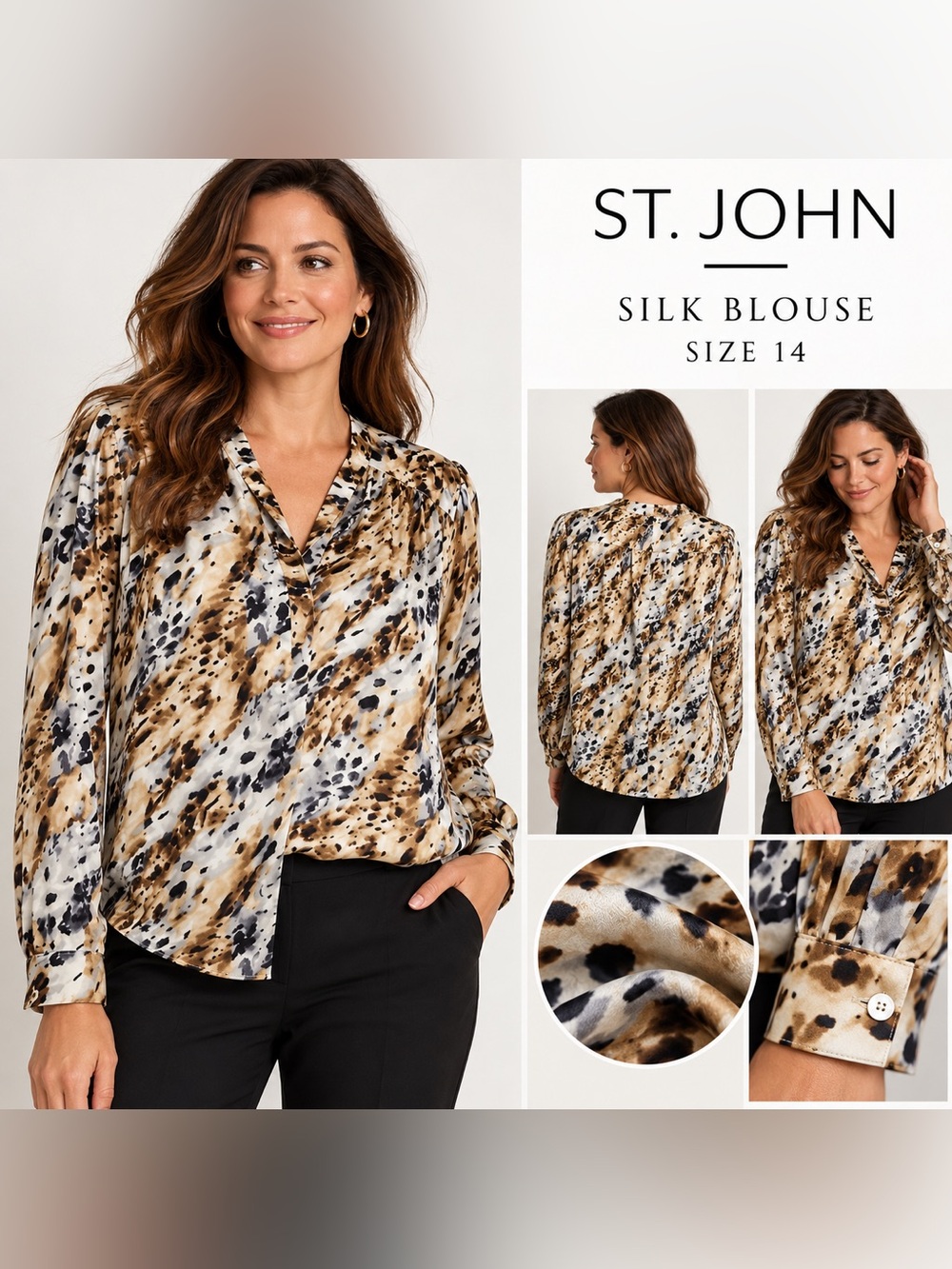 St. John Silk Abstract Animal Print Blouse Women’s Size 14